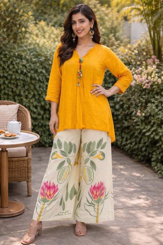 Mustard Yellow Cotton Kurta Set for Women with Printed Palazzo | Comfortable Ethnic Wear | Daily & Festive Outfit
