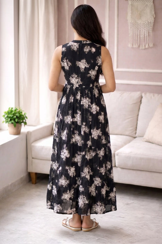 Elegant Black Floral Sleeveless Maxi Dress | Soft Cotton Blend Summer Dress for Women