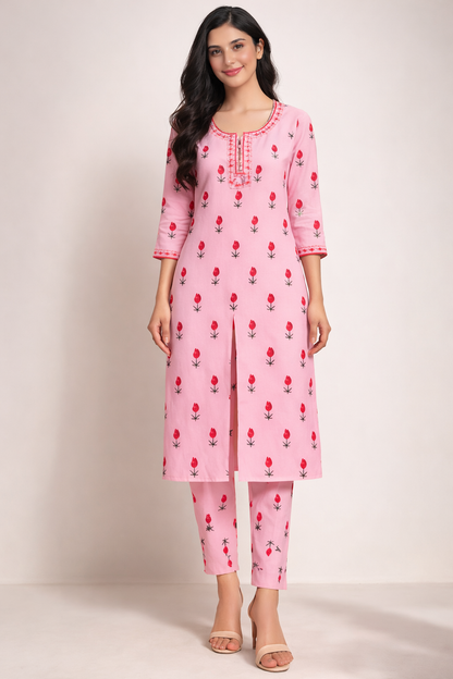 Women’s Cotton Pink Floral Kurta with Pant