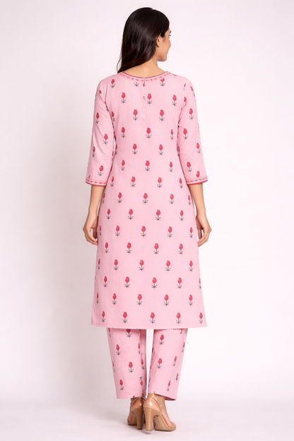 Women’s Cotton Pink Floral Kurta with Pant