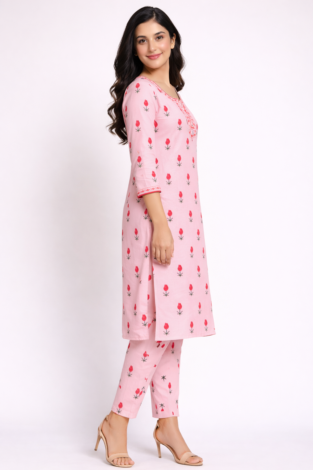 Women’s Cotton Pink Floral Kurta with Pant