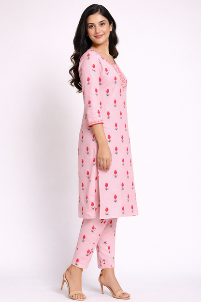 Women’s Cotton Pink Floral Kurta with Pant
