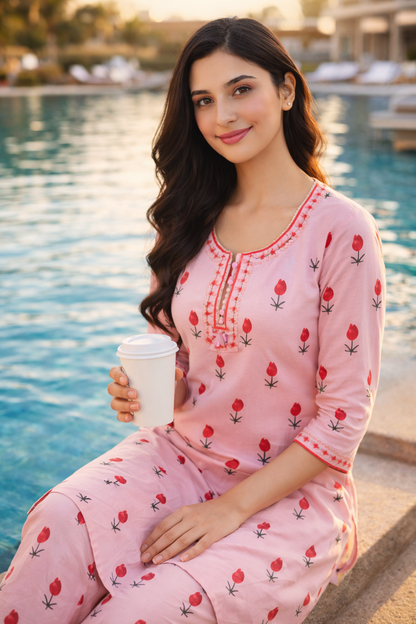 Women’s Cotton Pink Floral Kurta with Pant