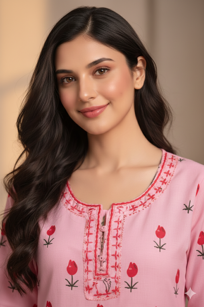 Women’s Cotton Pink Floral Kurta with Pant