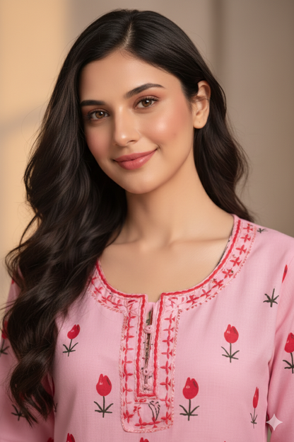 Women’s Cotton Pink Floral Kurta with Pant
