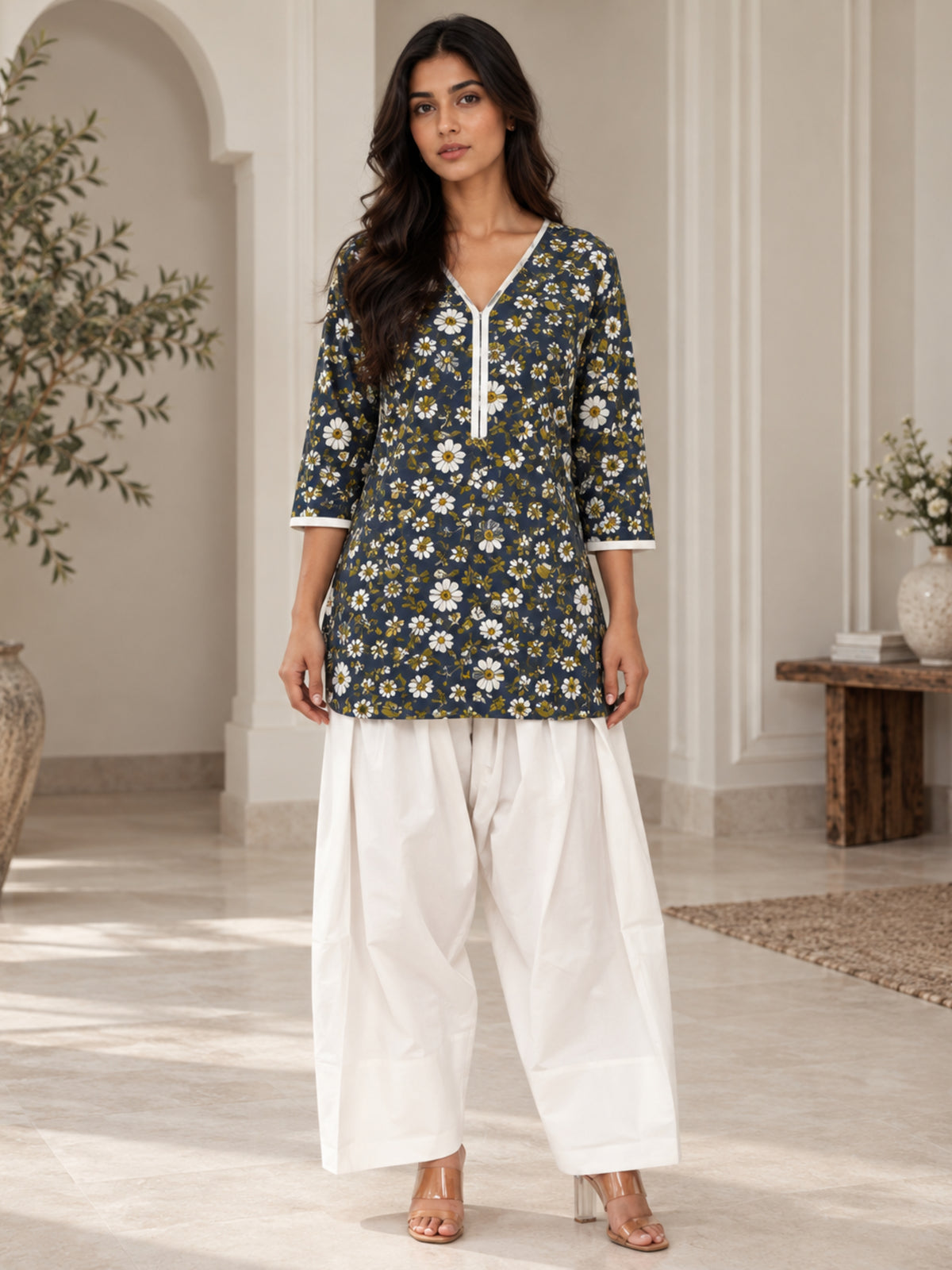 Navy Floral Pure Cotton Farsi Coord Set