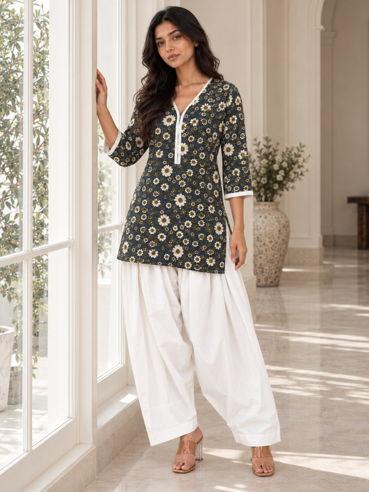 Navy Floral Pure Cotton Farsi Coord Set
