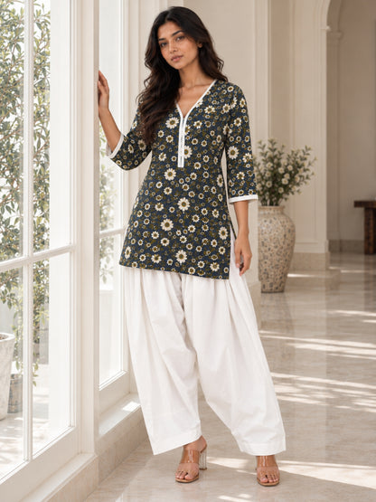 Navy Floral Pure Cotton Farsi Coord Set