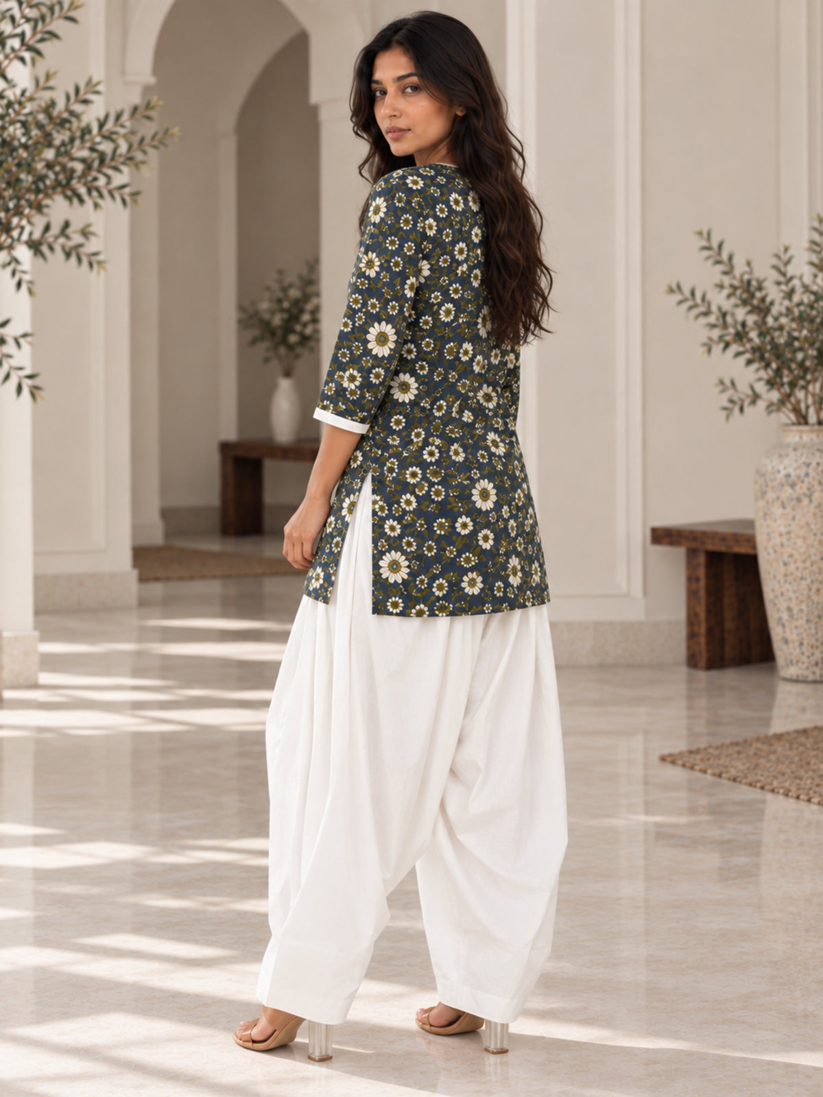 Navy Floral Pure Cotton Farsi Coord Set