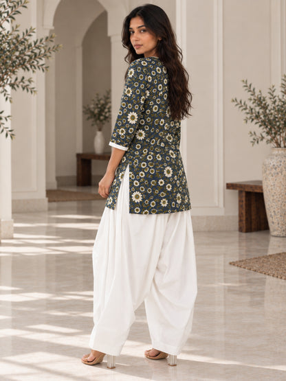 Navy Floral Pure Cotton Farsi Coord Set