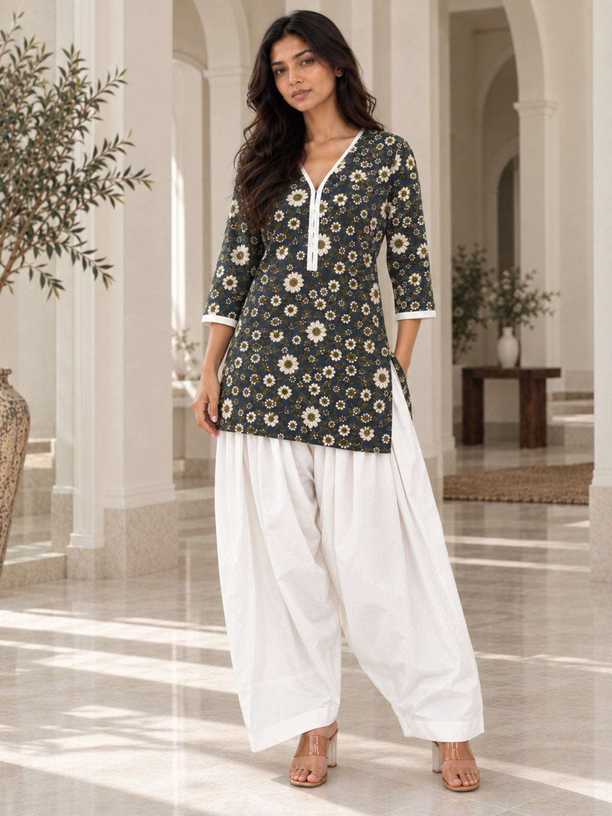Navy Floral Pure Cotton Farsi Coord Set