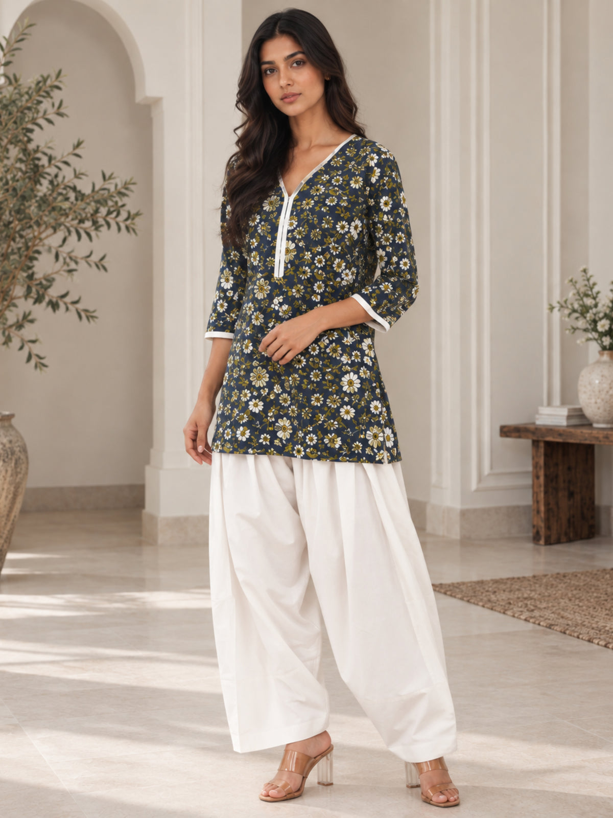 Navy Floral Pure Cotton Farsi Coord Set
