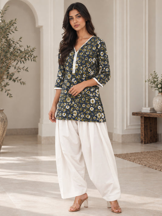 Navy Floral Pure Cotton Farsi Coord Set