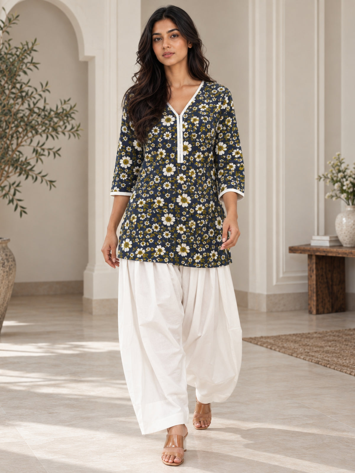Navy Floral Pure Cotton Farsi Coord Set