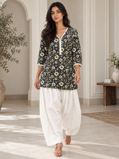 Navy Floral Pure Cotton Farsi Coord Set