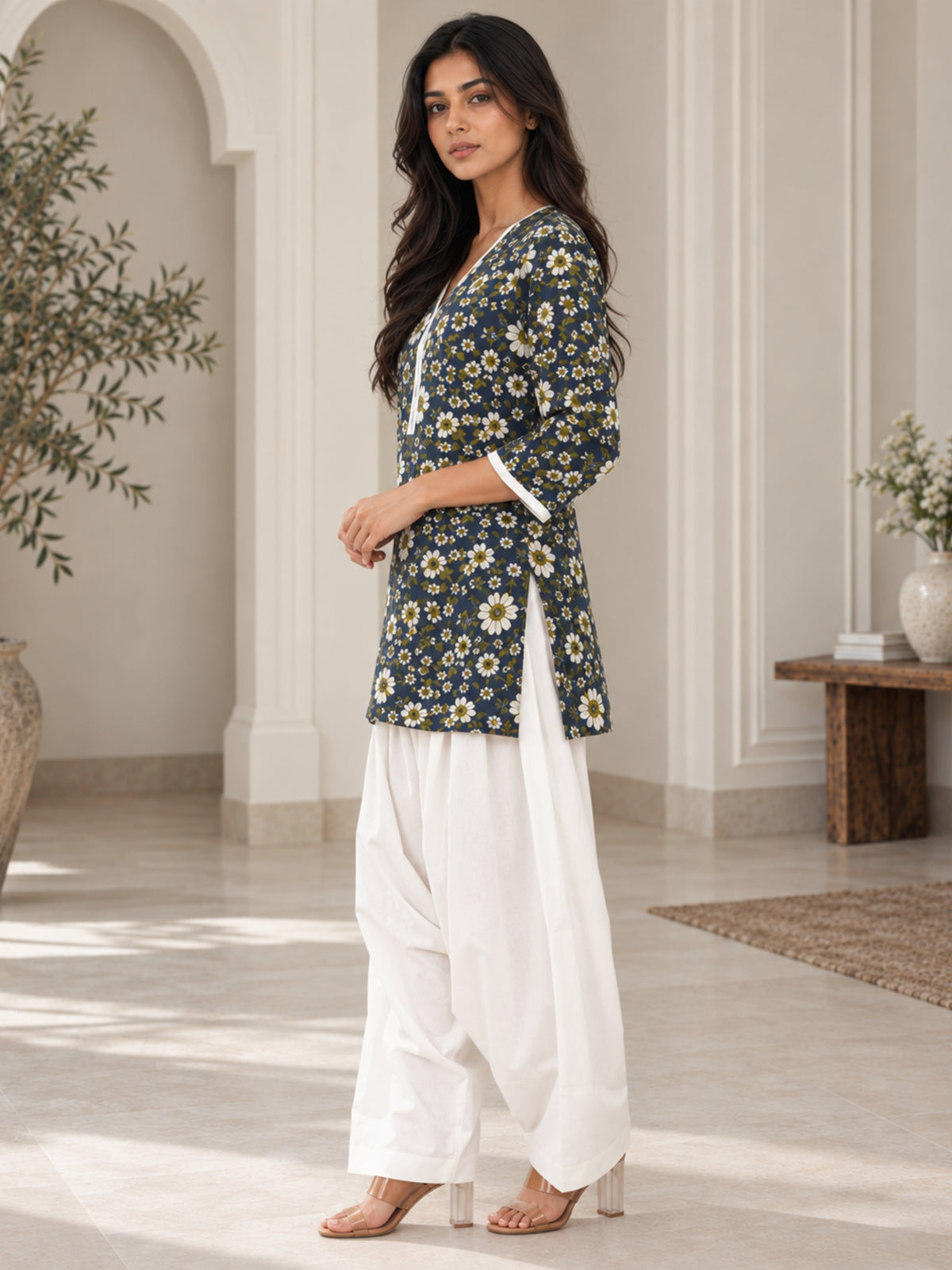 Navy Floral Pure Cotton Farsi Coord Set