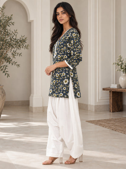 Navy Floral Pure Cotton Farsi Coord Set