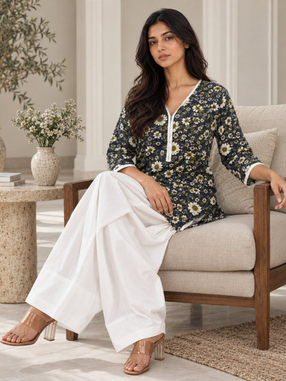 Navy Floral Pure Cotton Farsi Coord Set