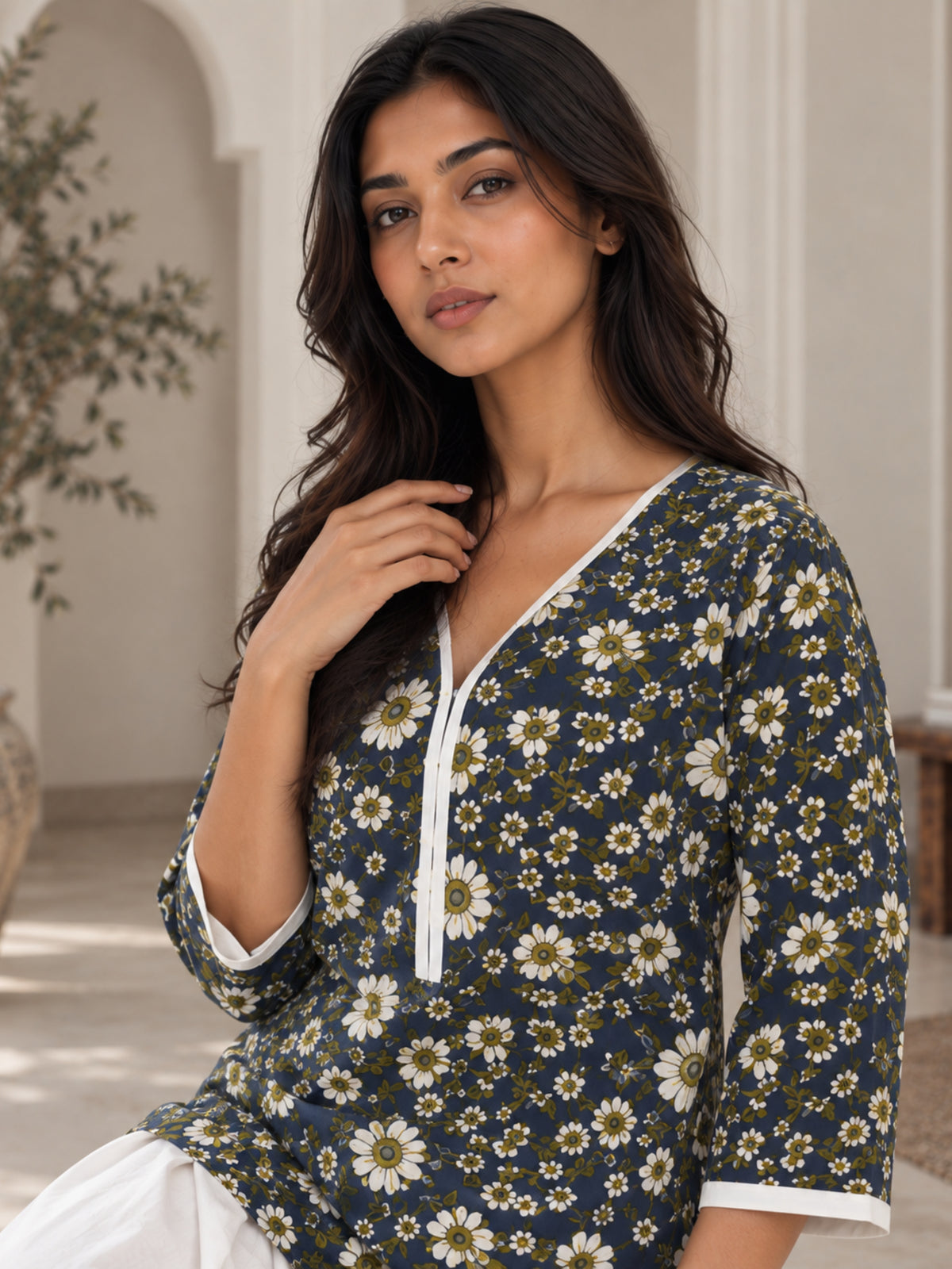 Navy Floral Pure Cotton Farsi Coord Set