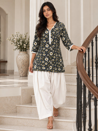 Navy Floral Pure Cotton Farsi Coord Set