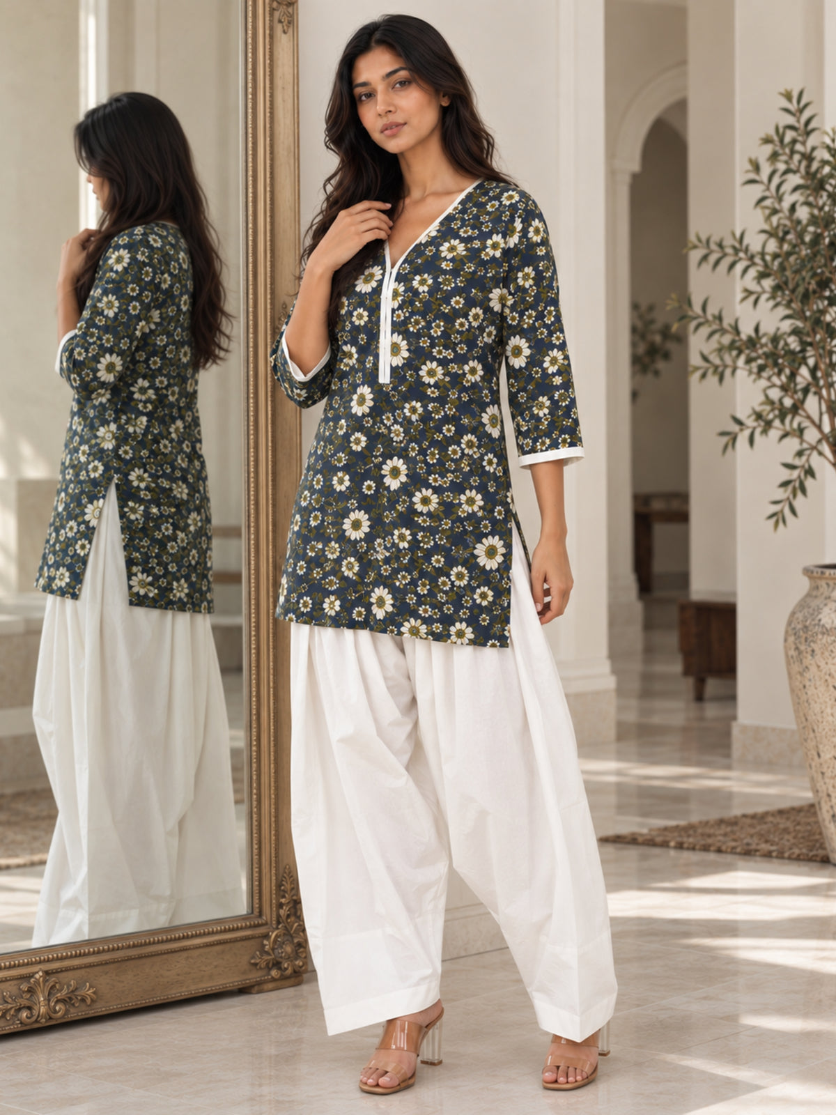 Navy Floral Pure Cotton Farsi Coord Set