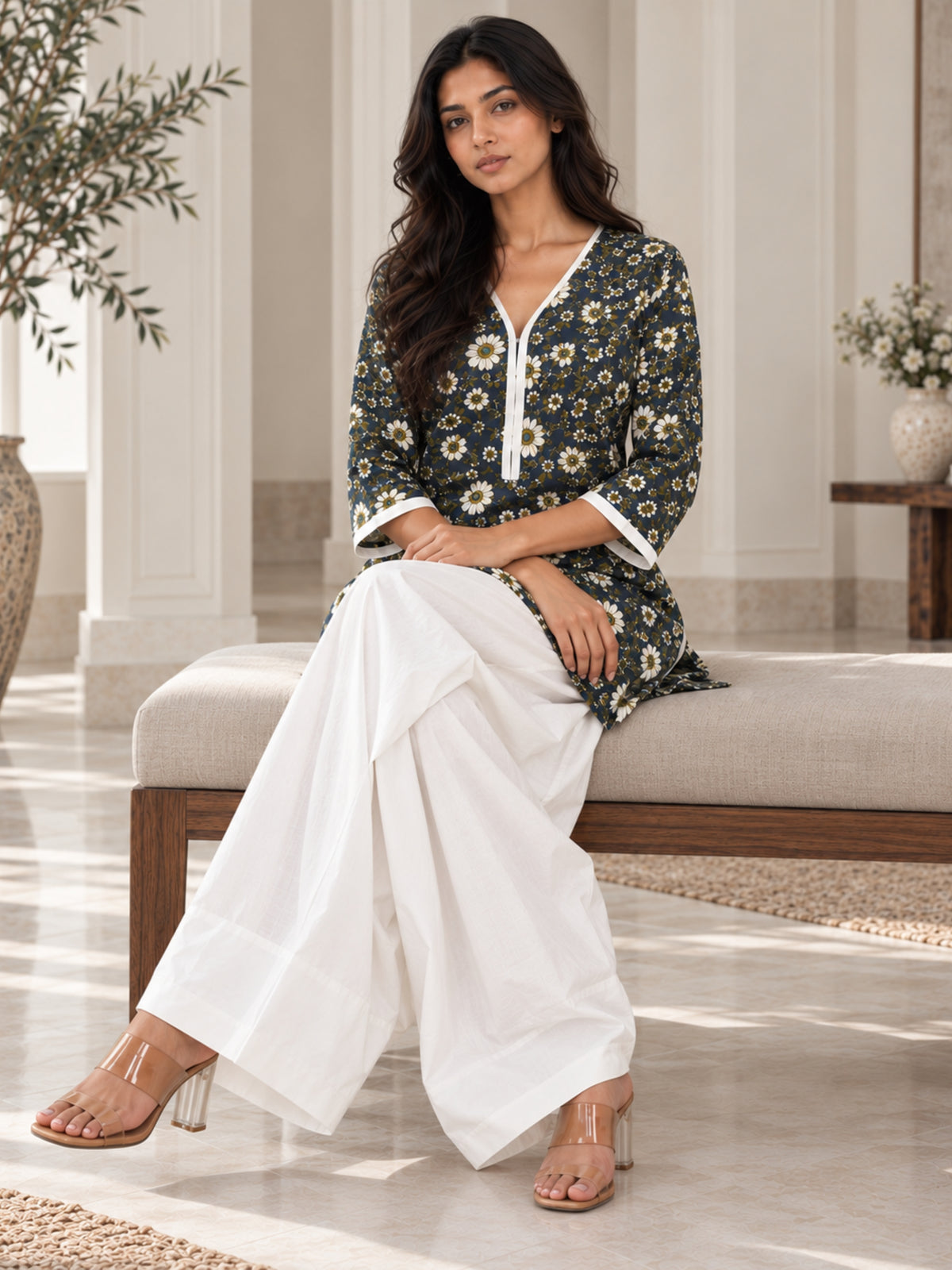 Navy Floral Pure Cotton Farsi Coord Set