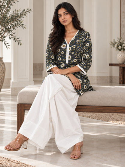 Navy Floral Pure Cotton Farsi Coord Set