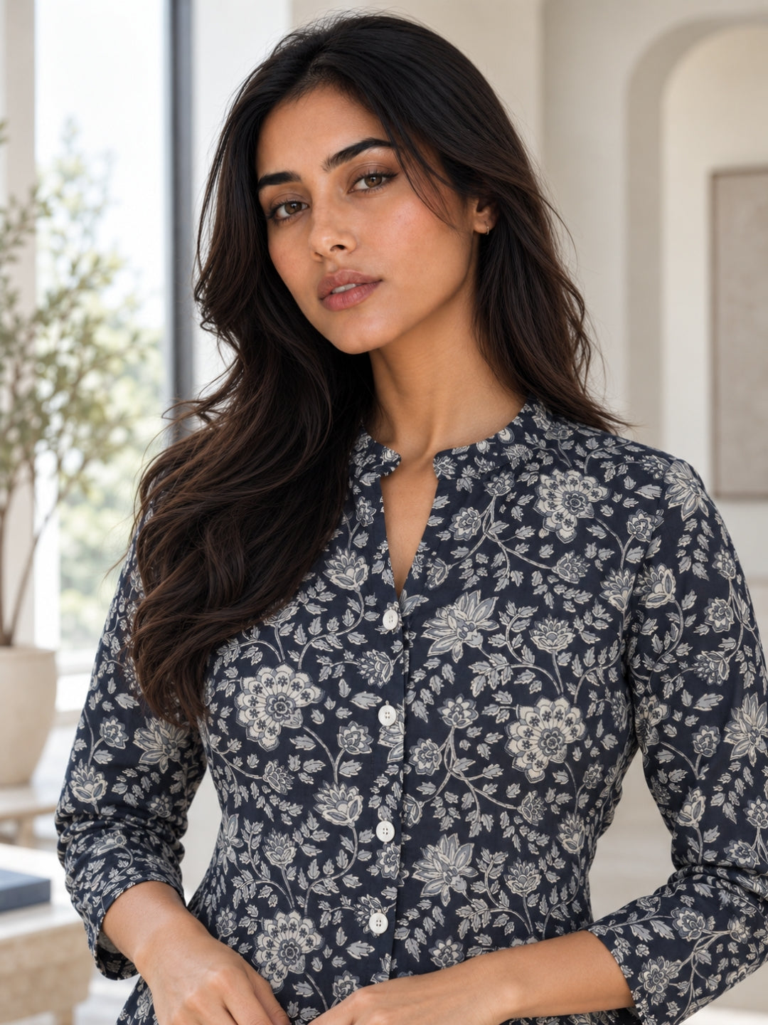 Black Floral Pure Cotton Shirt Dress