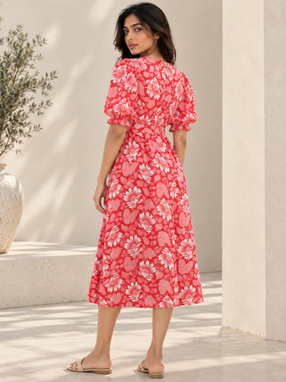 Red Daisy Pure Cotton Midi Dress