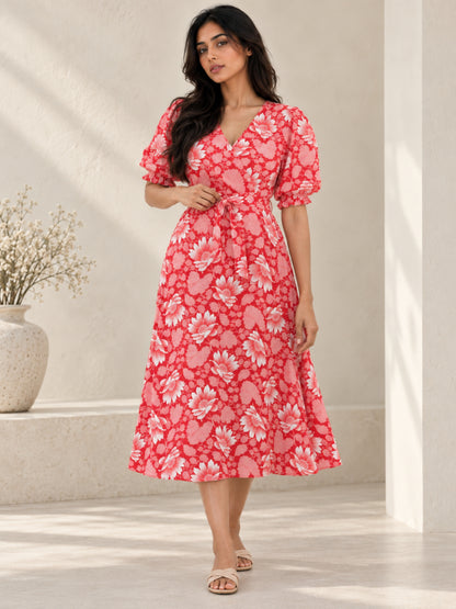 Red Daisy Pure Cotton Midi Dress