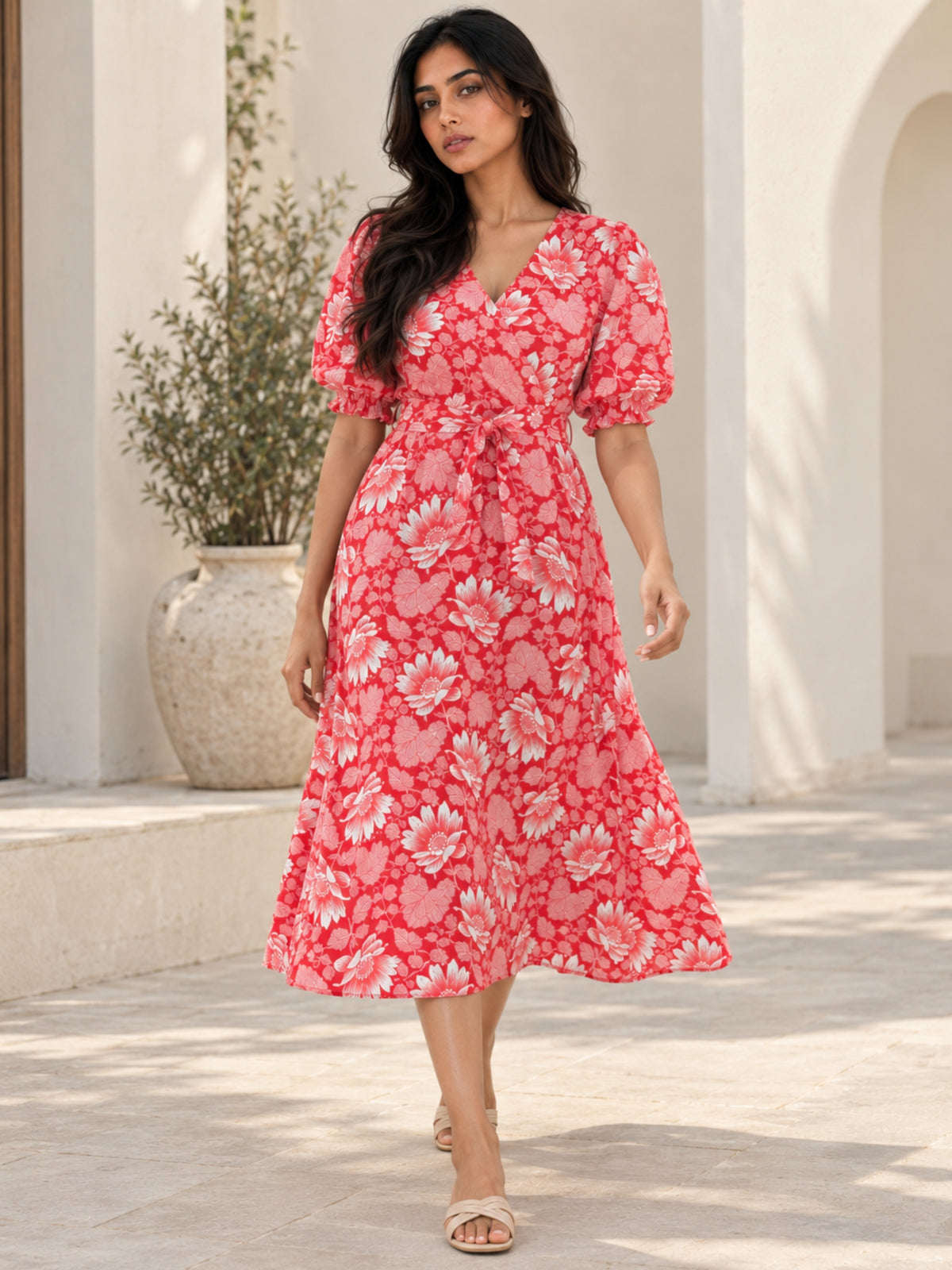 Red Daisy Pure Cotton Midi Dress