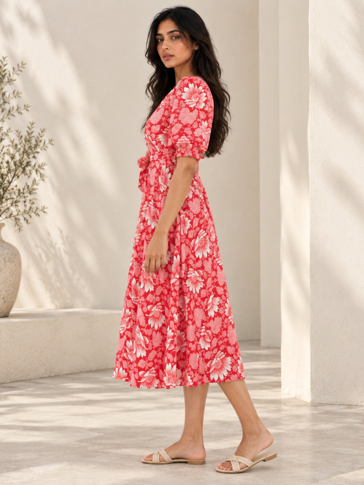 Red Daisy Pure Cotton Midi Dress