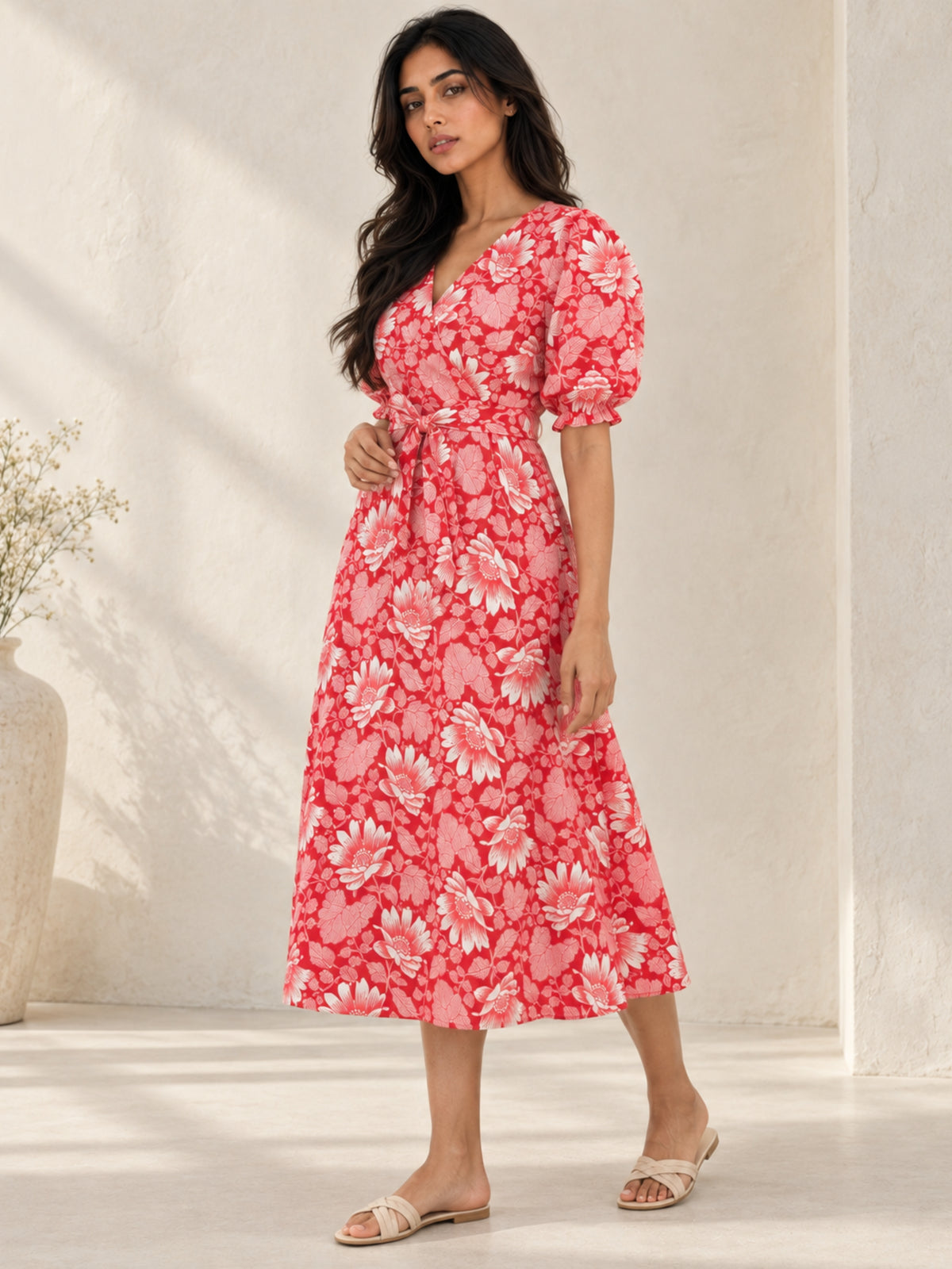 Red Daisy Pure Cotton Midi Dress