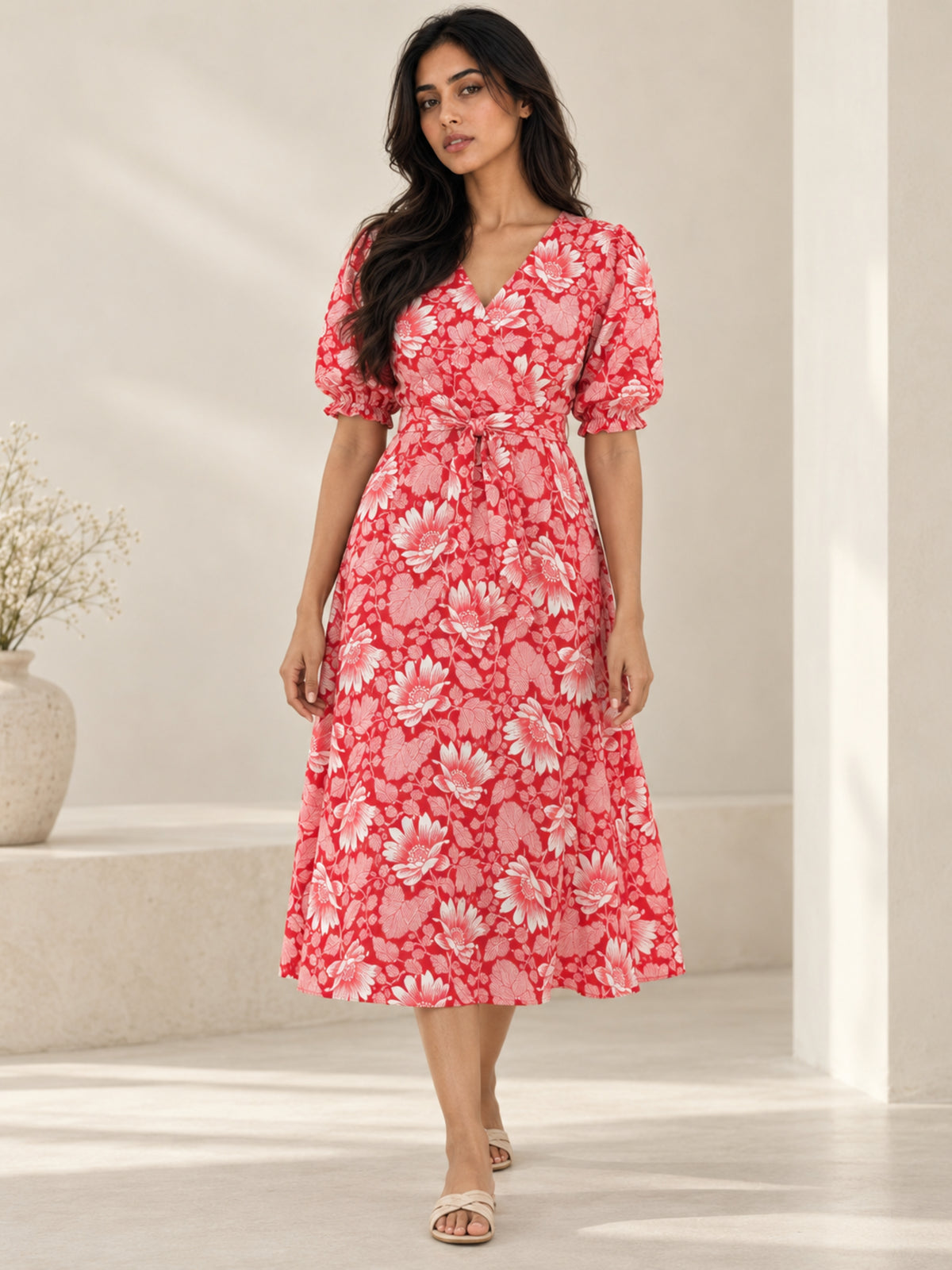 Red Daisy Pure Cotton Midi Dress