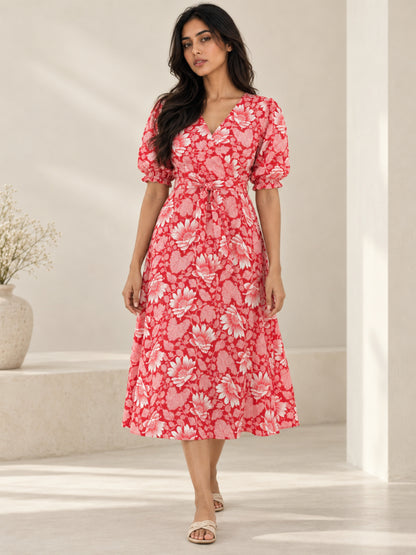Red Daisy Pure Cotton Midi Dress