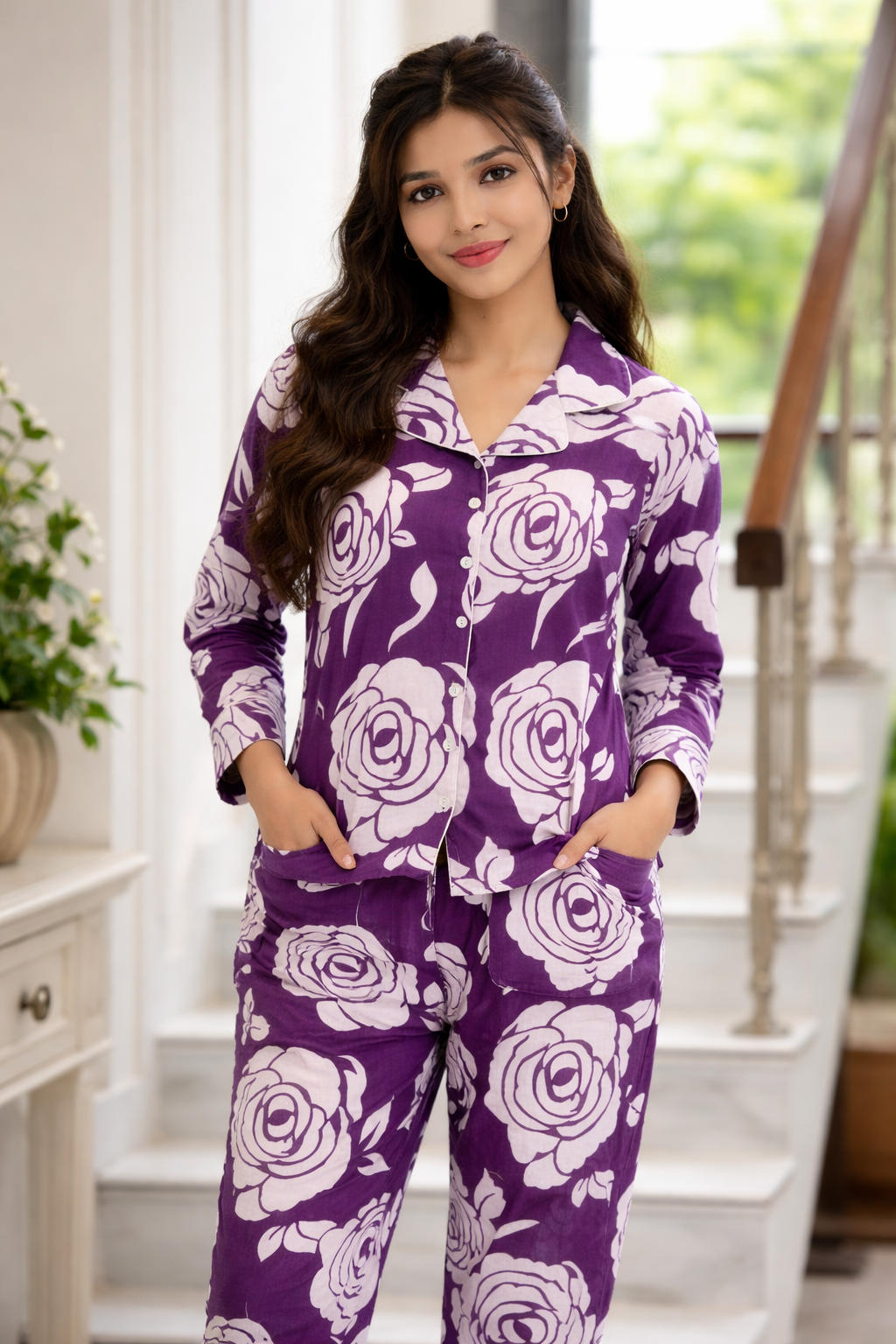 Women’s Premium Cotton Night Suit Set | Soft Floral Printed Pyjama Set | Full Sleeve Button-Down Sleepwear | Comfortable Lounge Wear