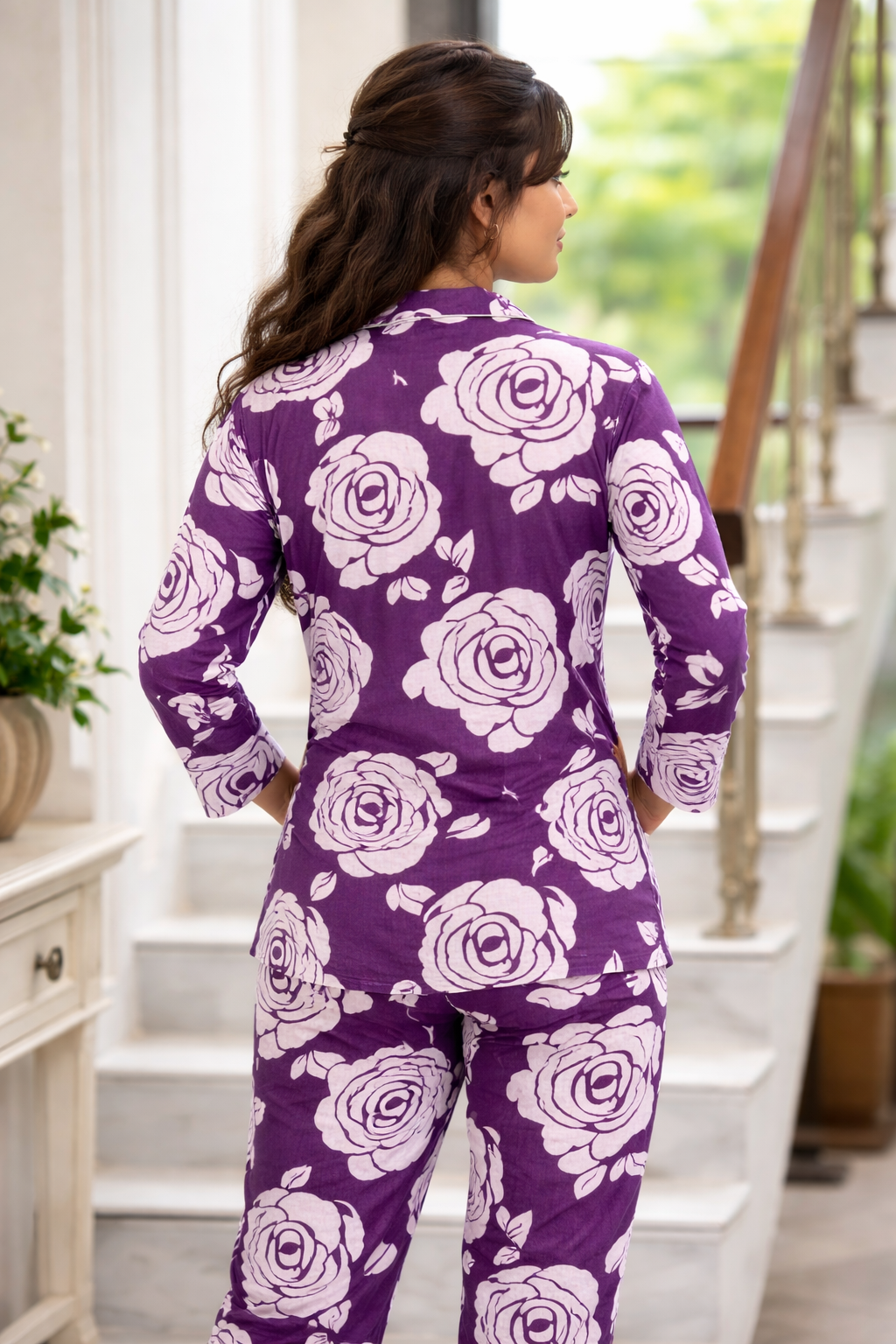 Women’s Premium Cotton Night Suit Set | Soft Floral Printed Pyjama Set | Full Sleeve Button-Down Sleepwear | Comfortable Lounge Wear