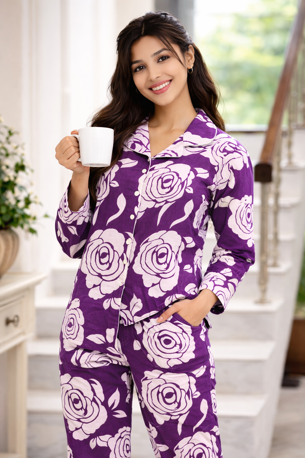 Women’s Premium Cotton Night Suit Set | Soft Floral Printed Pyjama Set | Full Sleeve Button-Down Sleepwear | Comfortable Lounge Wear