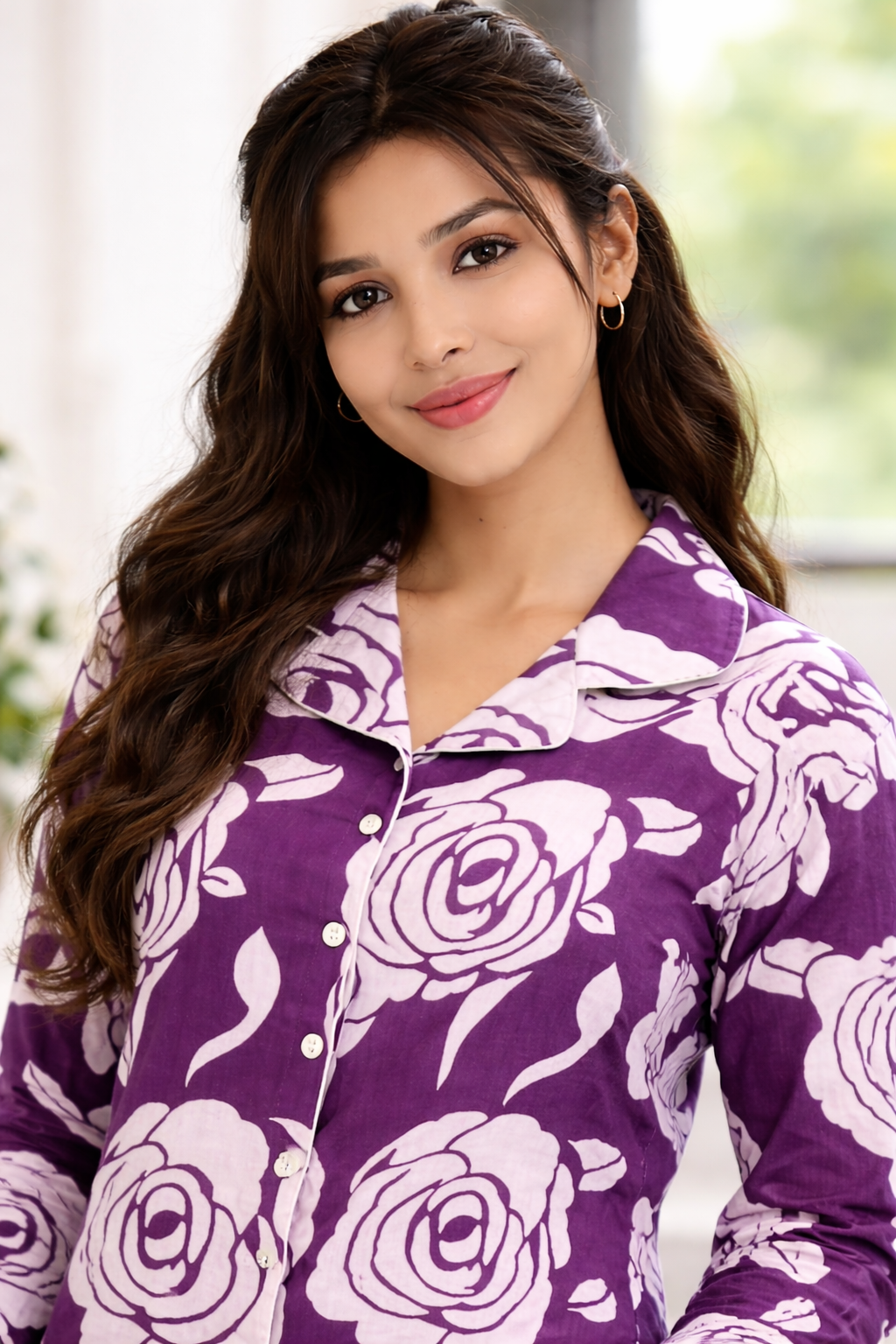 Women’s Premium Cotton Night Suit Set | Soft Floral Printed Pyjama Set | Full Sleeve Button-Down Sleepwear | Comfortable Lounge Wear