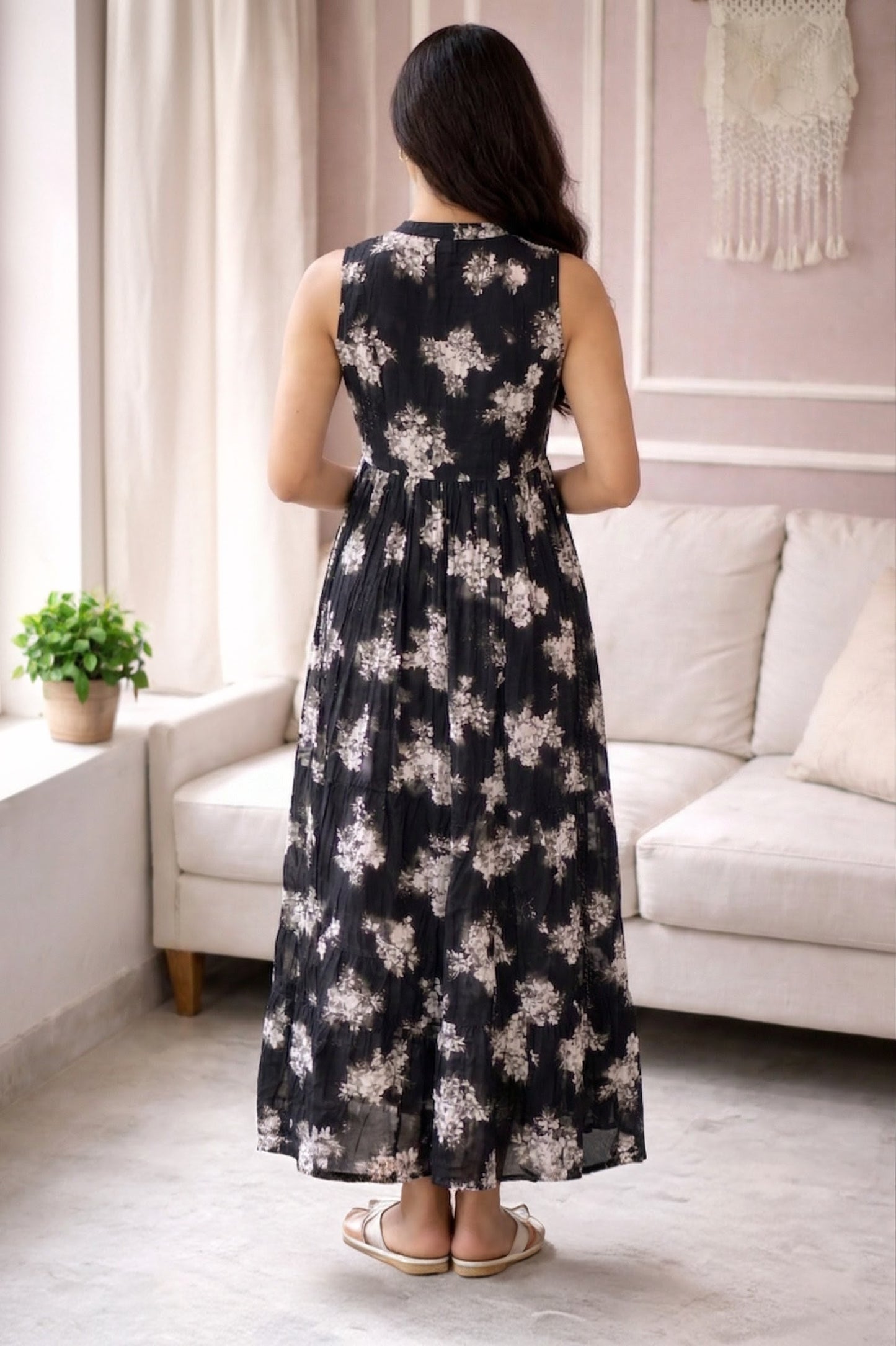Elegant Black Floral Sleeveless Maxi Dress | Soft Cotton Blend Summer Dress for Women